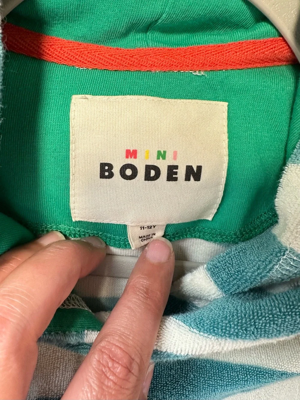 Boden Mini Striped Dinosaur Appliqué Hooded Terry Towel Pullover 11-12y